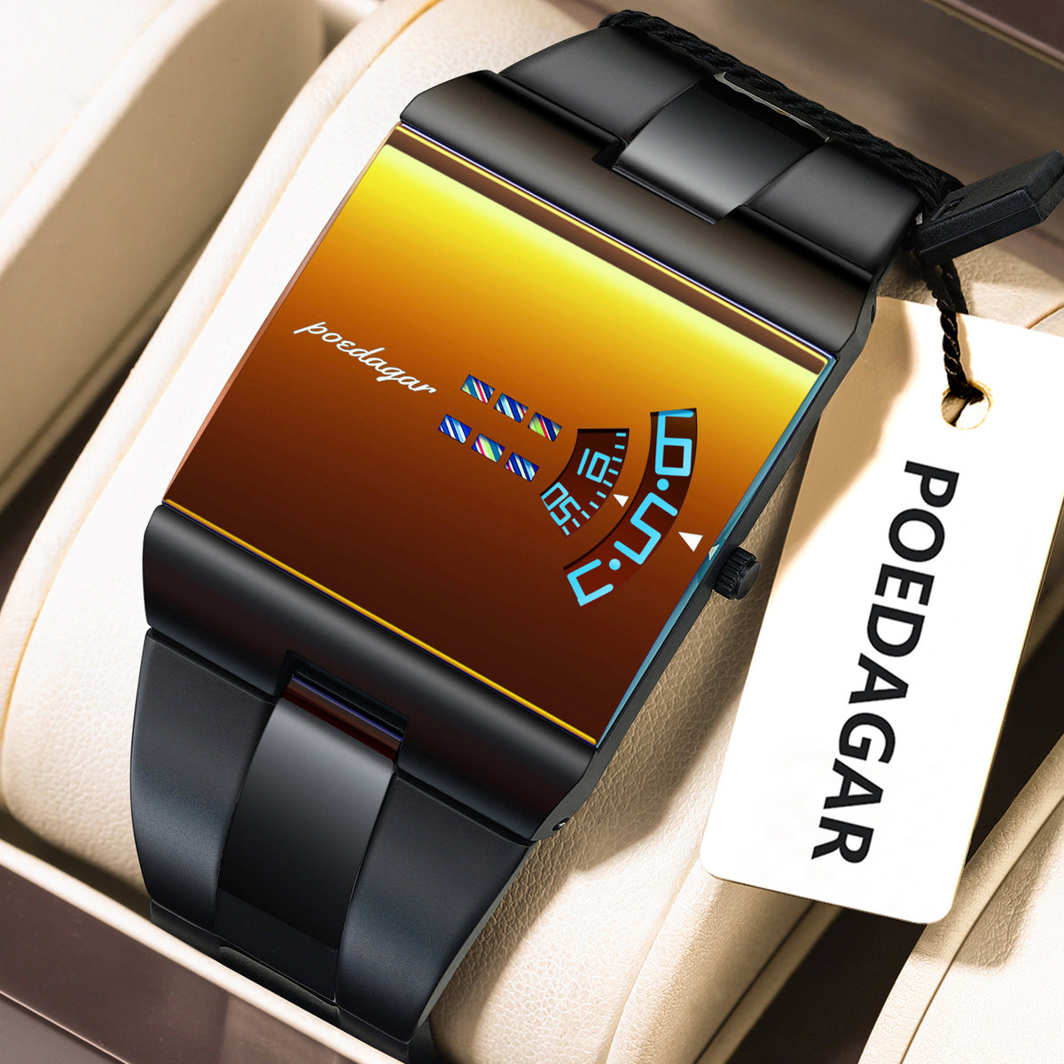 Ultra-thin quartz watch with black case and gold dial, shown in box with hang tag