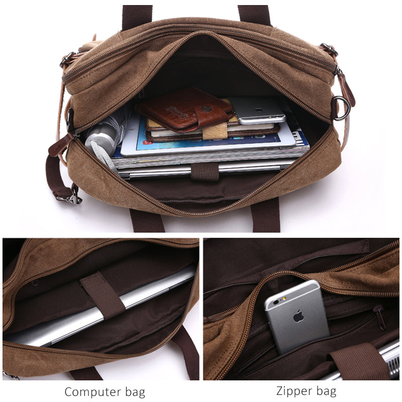 Coffee brown canvas bag open top showing compartments, card slot, and zipper pocket