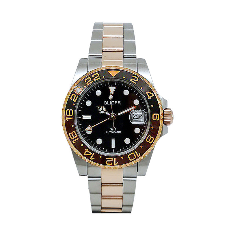 Bliger automatic mechanical watch with black dial, two-tone bracelet, orange bezel markers