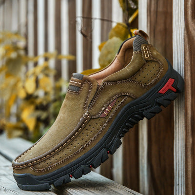 Men's outdoor leather shoes, tan/brown slip-on with perforated straps and thick tread sole