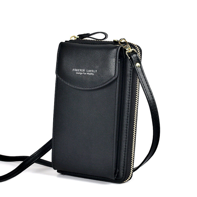 Black PU leather crossbody wallet purse with front flap and top zipper, crossbody strap