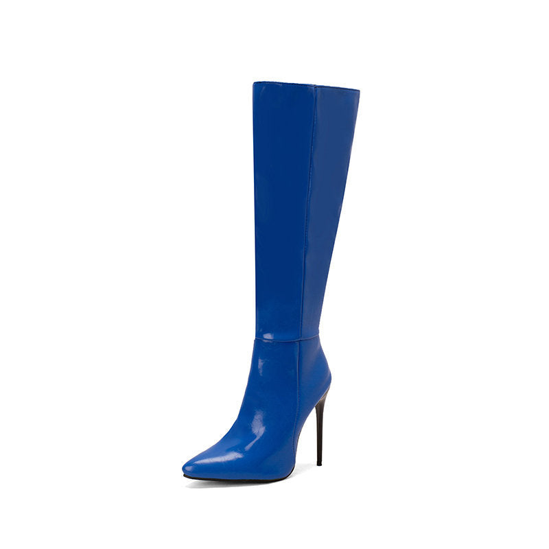 Blue pointed-toe stiletto boots with side zipper, below-knee height