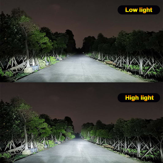 Comparison of low light and high light on a road at night with trees on both sides.