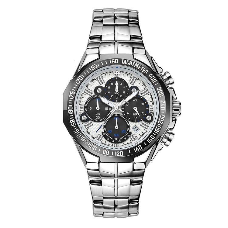 Steel-strap quartz watch with silver-tone dial, black subdials and black tachymeter bezel