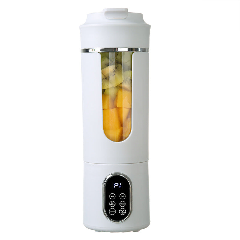 Portable rechargeable juice blender, white body with clear jar and control panel (P1).