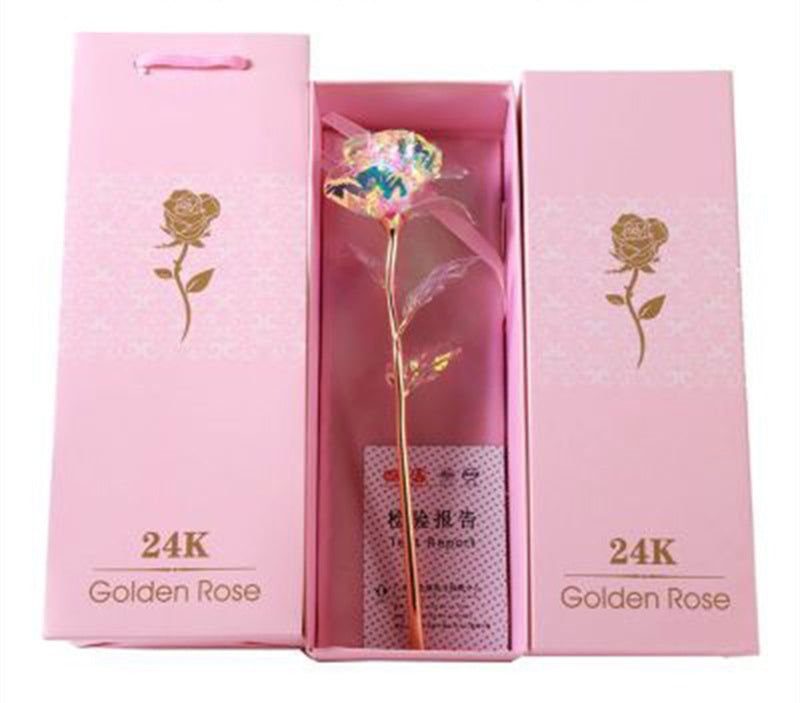 Golden rose in open pink gift box, LED glass dome rose lamp