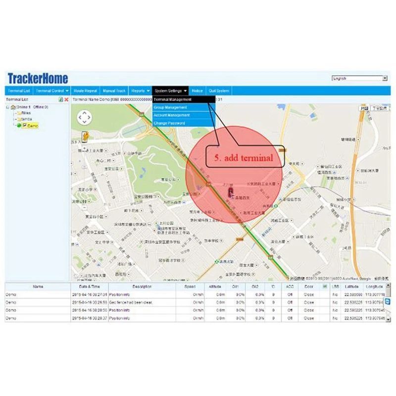 Vehicle GPS tracker tracking map interface with marked area and route details