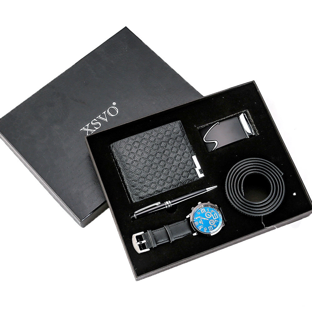 Black gift set box with textured wallet, belt, quartz watch, and pen