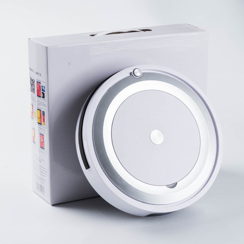 Silver and white smart robot vacuum with gray ring and side cleaning brushes