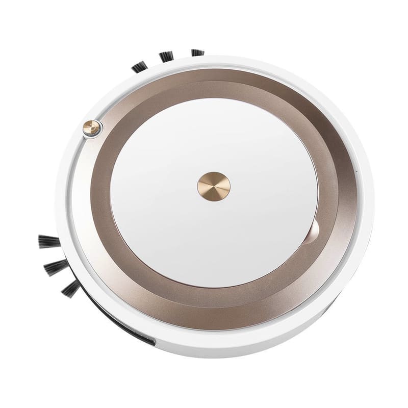White and gold smart robot vacuum with brown ring and side brushes