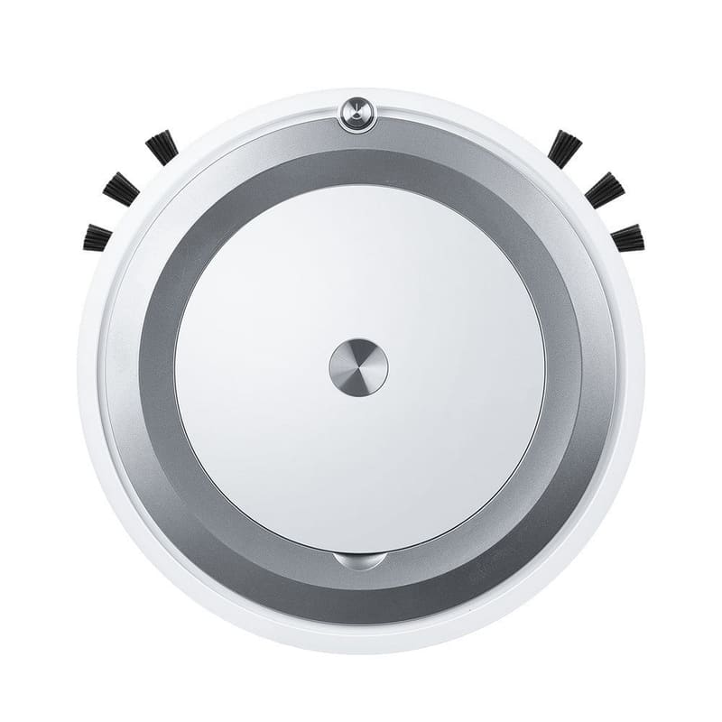 Gray and white smart robot vacuum with metallic center cap and side brushes