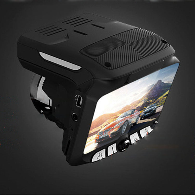 Black dash camera with front screen displaying a road scene