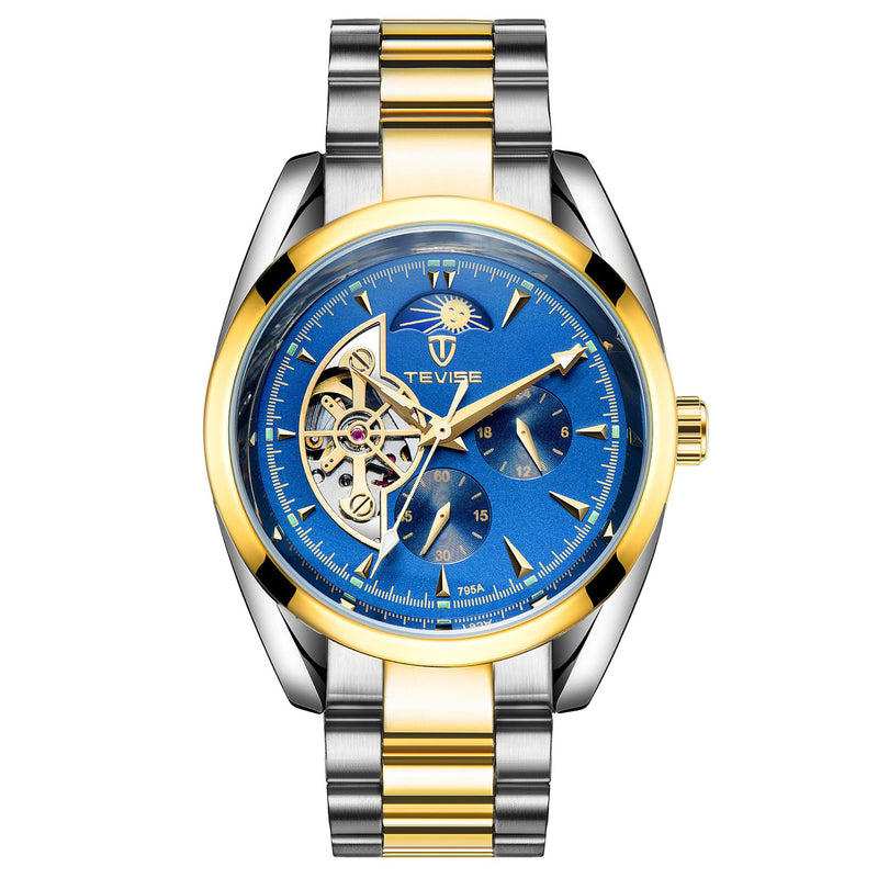 Two-tone men's mechanical watch with blue dial, open-heart detail and gold-color accents
