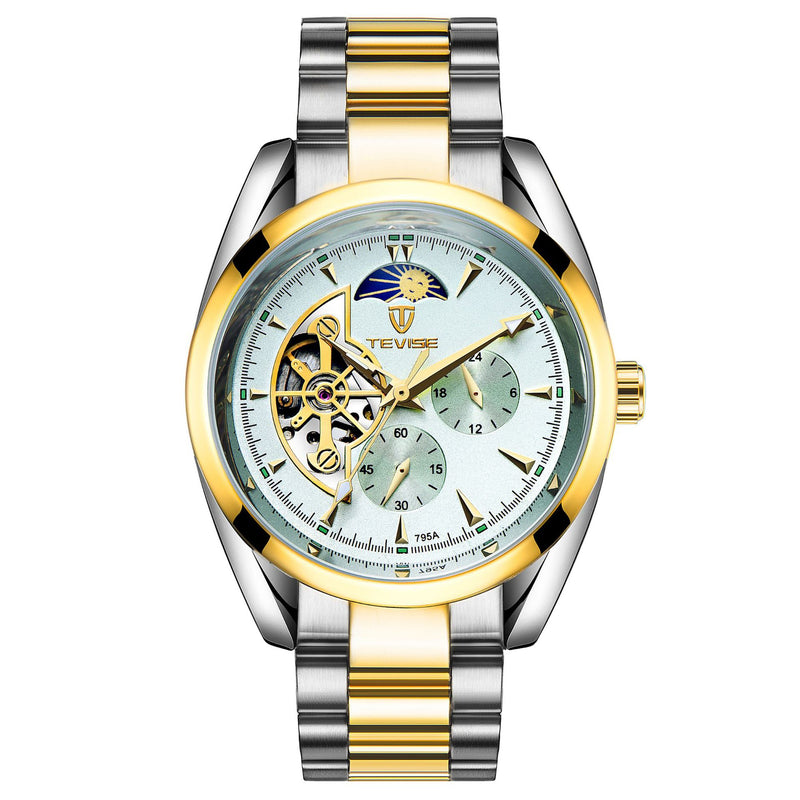 Two-tone men's mechanical watch with pale dial, open-heart detail and gold-color bezel