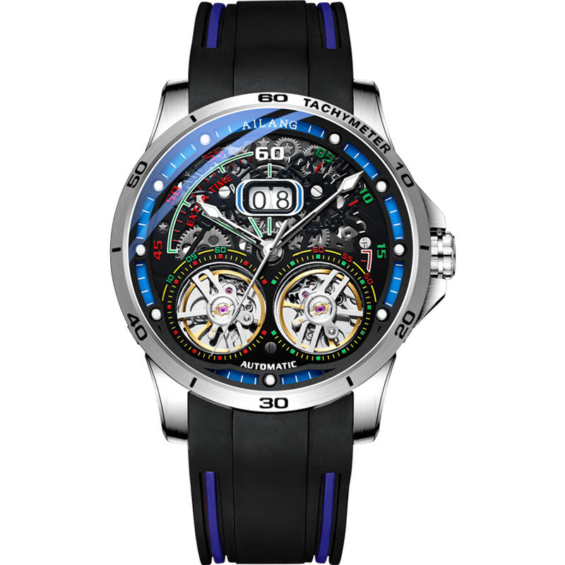 Automatic mechanical wristwatch, black case with blue accents, black rubber strap.