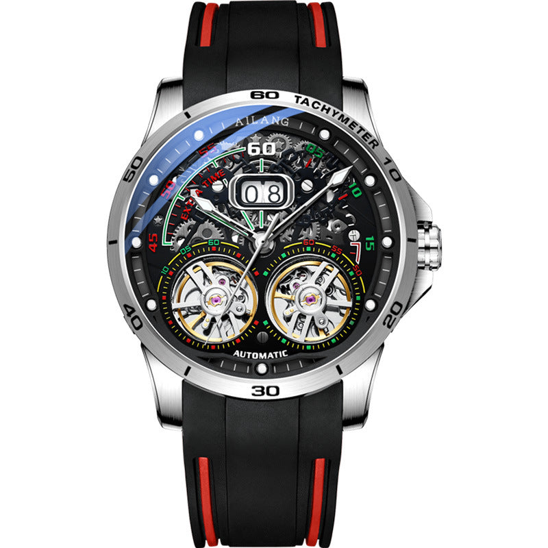 Automatic mechanical wristwatch, silver case with red accents, black rubber strap.