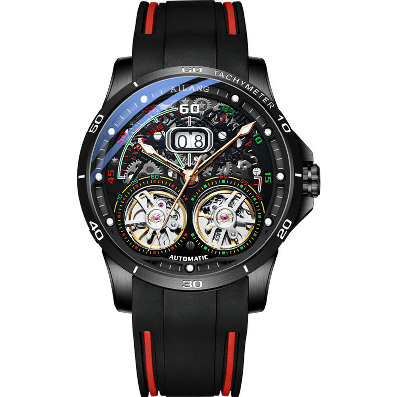 Automatic mechanical wristwatch, black case with red accents, black rubber strap.