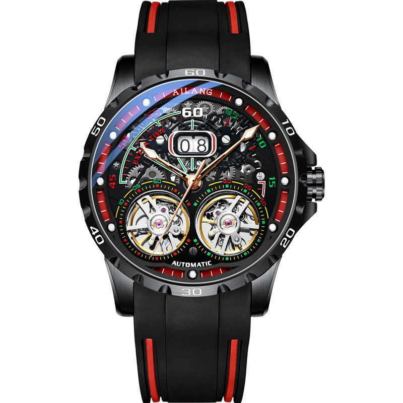 Automatic mechanical wristwatch with black case, red accents, skeleton dial