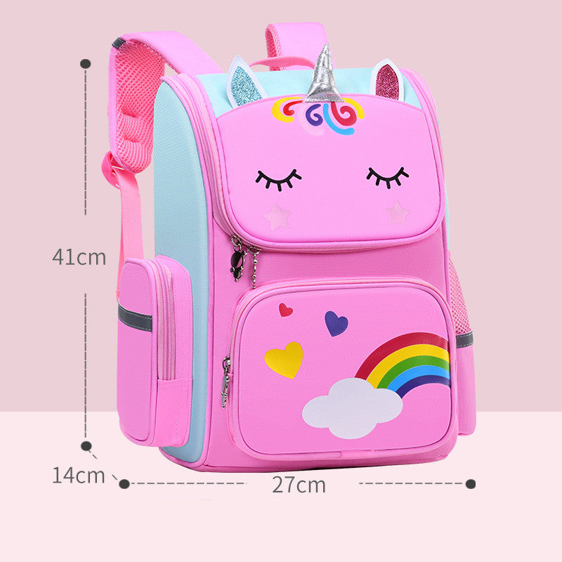 Pink kids unicorn backpack with smiling face and rainbow hearts, double front zippers