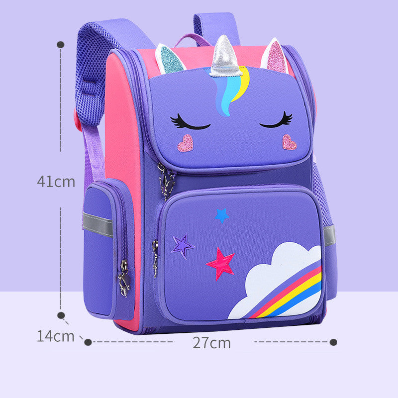 Purple kids unicorn backpack with unicorn horn, stars and rainbow, front zipper pocket