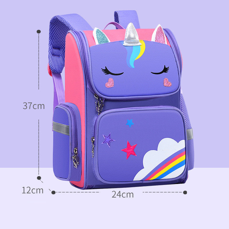 Purple kids unicorn backpack with closed-eye face, star and rainbow graphic, front zipper