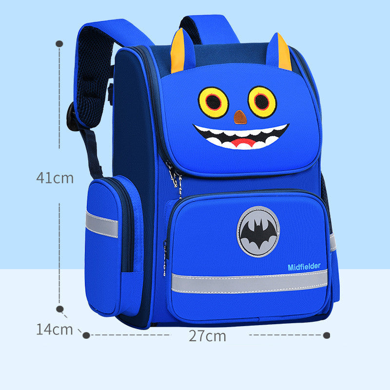 Blue kids monster backpack with big smile face, front zipper pocket and side compartment