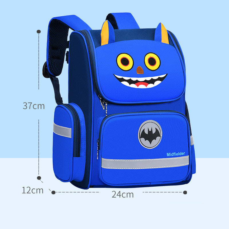 Blue kids monster-face backpack with zipper front pocket, padded shoulder straps, side handle
