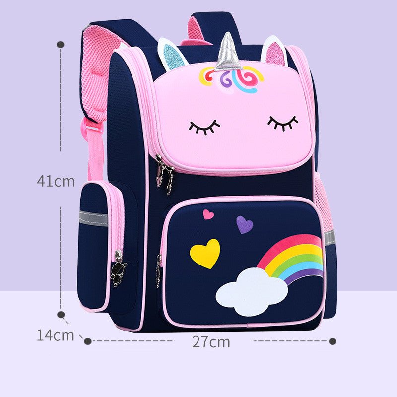 Navy kids unicorn backpack with rainbow cloud, front zipper pockets, padded shoulder straps