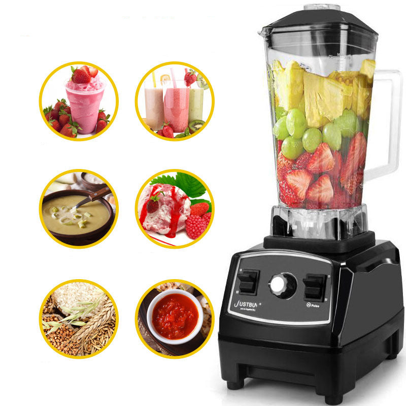 Black countertop blender with clear jar containing colorful mixed ingredients