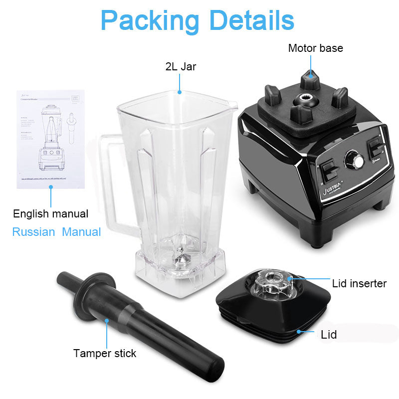 Blender packing set with 2L jar, lid, tamper stick, and motor base