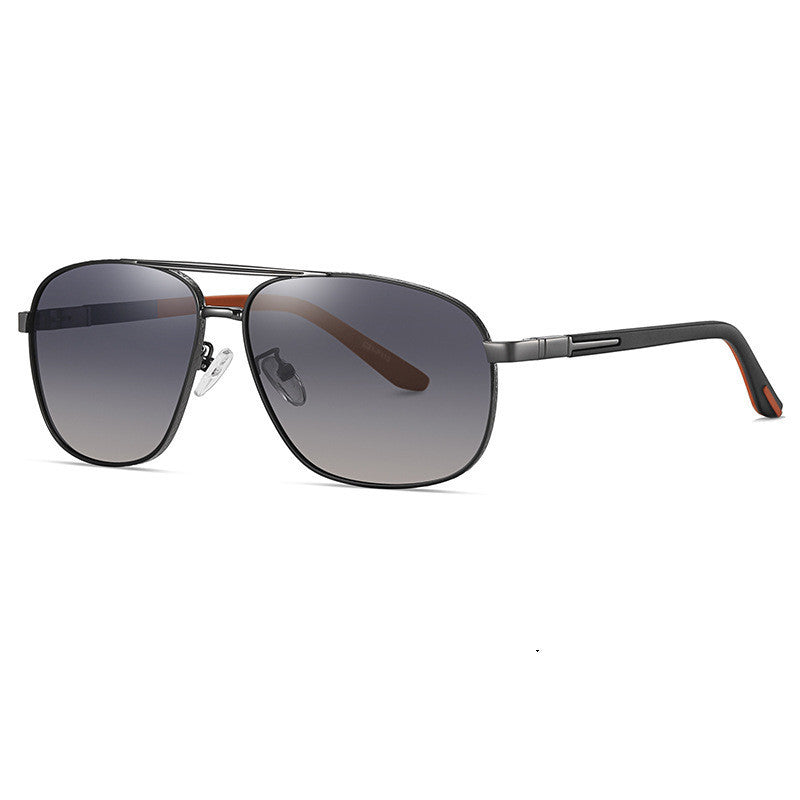 Men's polarized sunglasses, black metal frame with red-tinted mirrored lenses