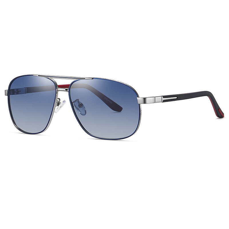 Men's polarized sunglasses, silver metal frame with blue mirrored lenses