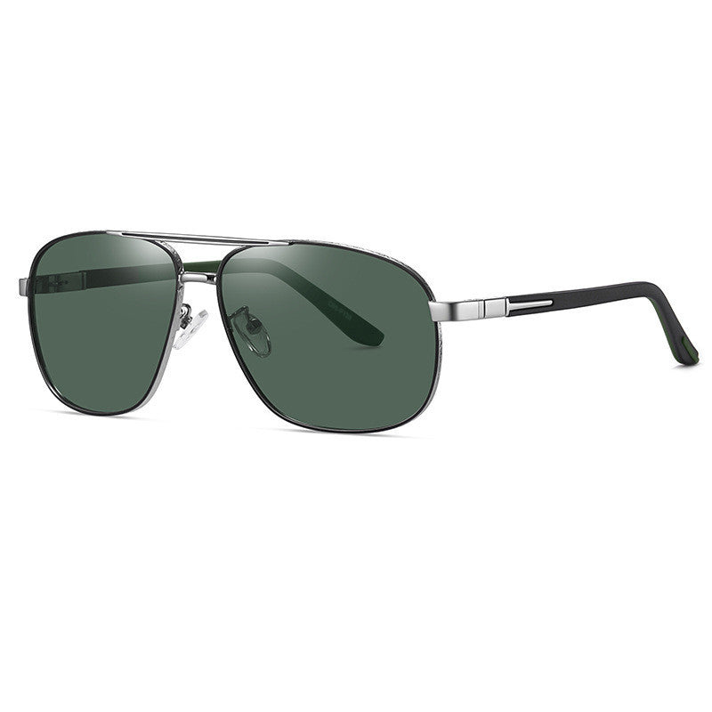 Men's polarized sunglasses, silver metal frame with green mirrored lenses