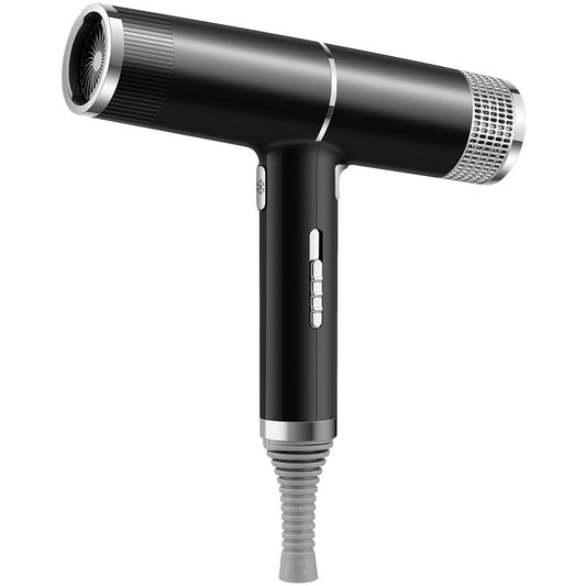 Black hair dryer with silver accents on a white background