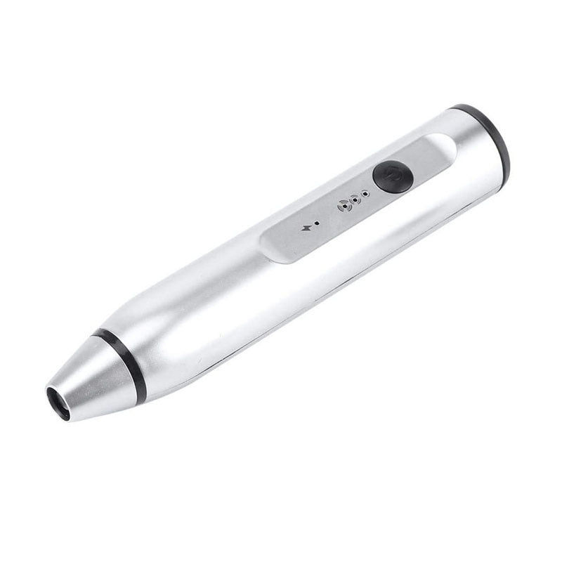 Rechargeable electric milk frother, stainless silver handheld with button panel and shaft