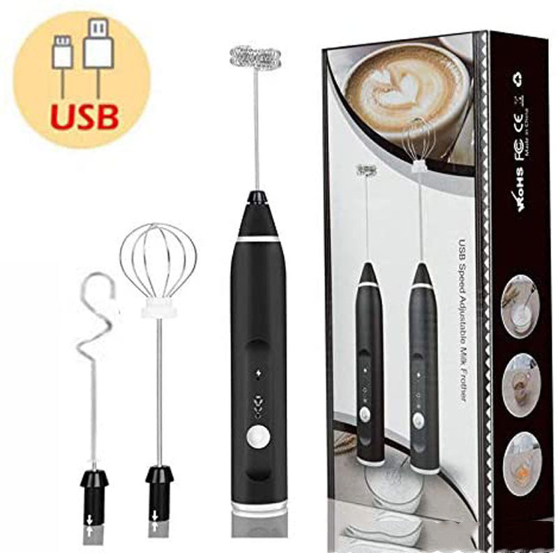 Rechargeable electric milk frother set, black handheld with attachments and retail box