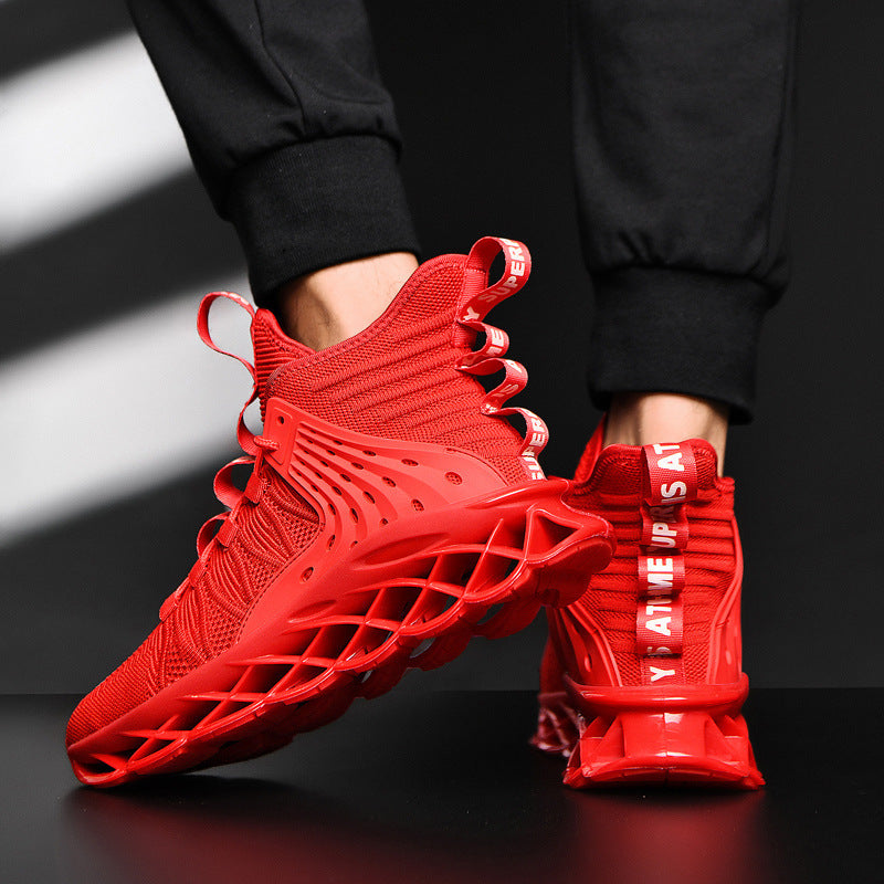 Red lace-up sports sneakers with mesh upper and TPU lattice sole, cushioned heel.