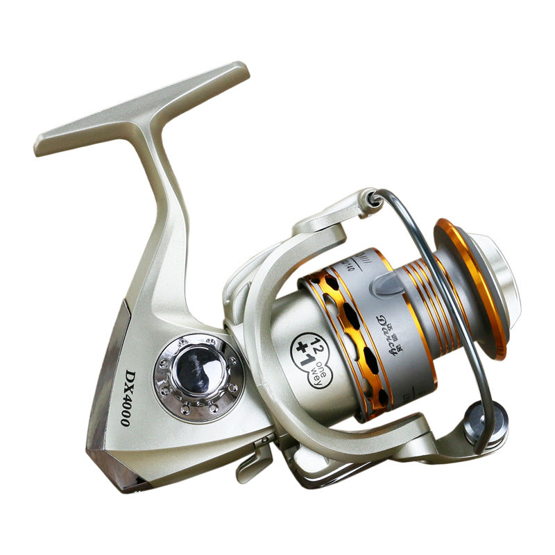 Spinning fishing reel with anti-reverse dial, silver frame, orange spool and metal handle