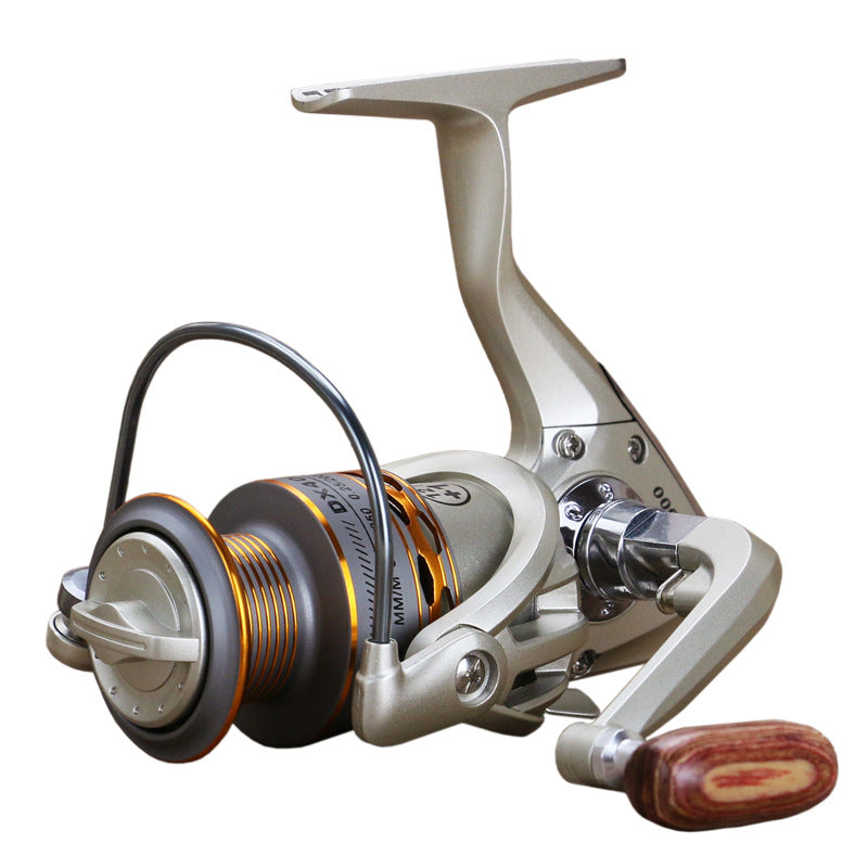 Spinning fishing reel with silver body, orange line spool, wooden right handle knob