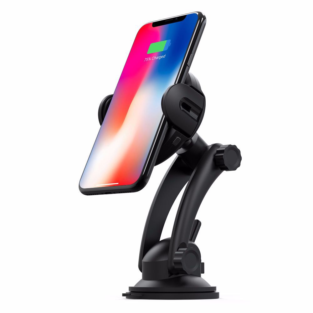 Black wireless charging magnetic car phone mount holding a smartphone