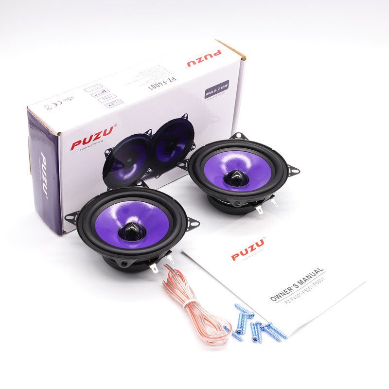 PUZU 4-inch car audio speaker kit with two purple-black speakers, cables, and box
