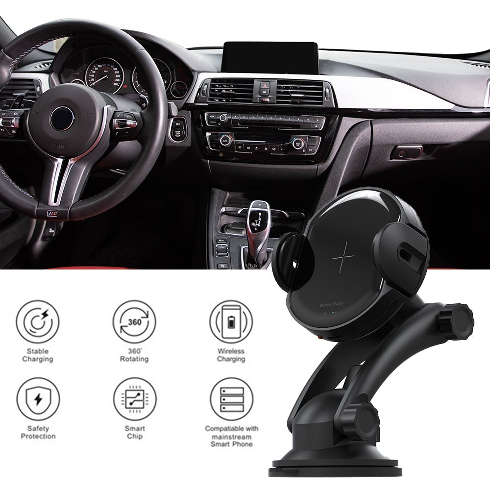 Black car dashboard/vent phone mount with wireless charging base and 360 rotation