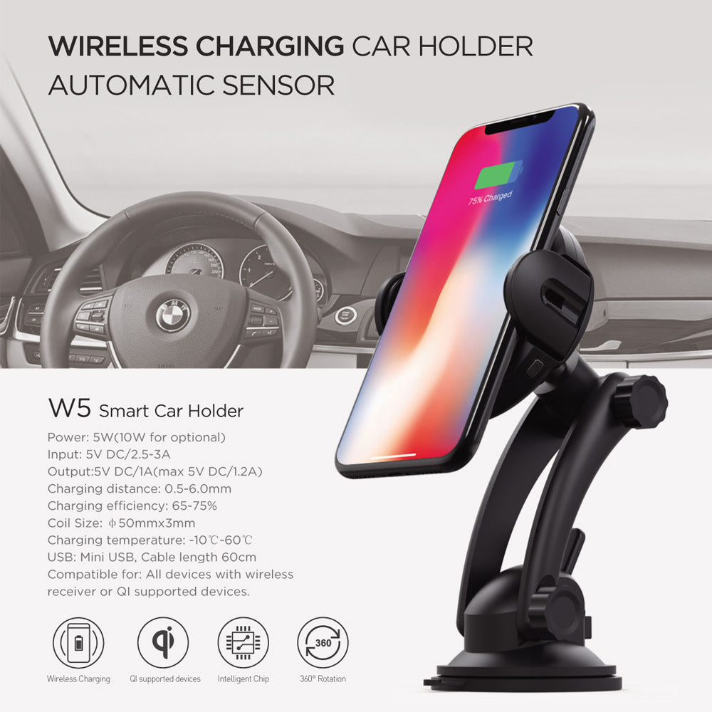 Black wireless charging magnetic car phone mount with clamp and charging cradle