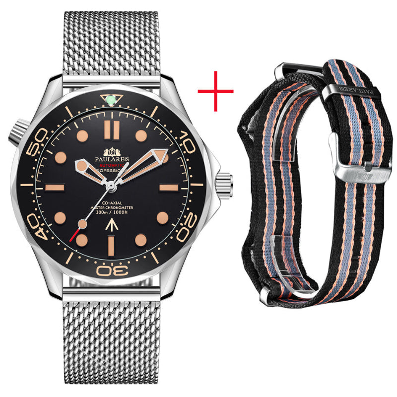 Watch with black dial and silver mesh band, and a striped NATO strap on a white background
