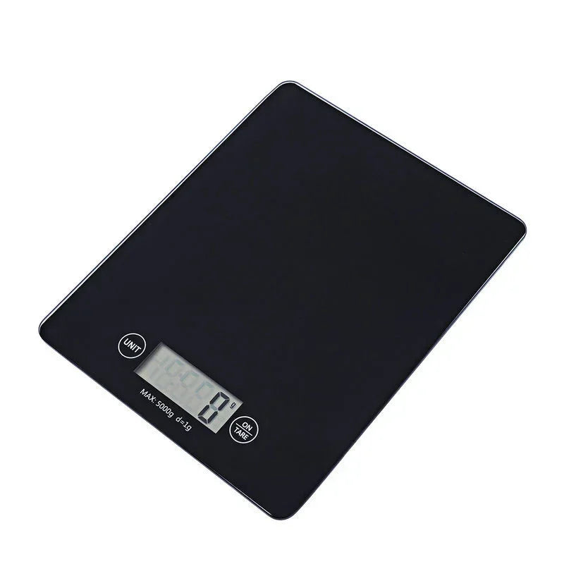 Black digital food scale with LCD display and unit/tare controls