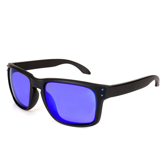 Black sunglasses with blue lenses on a white background