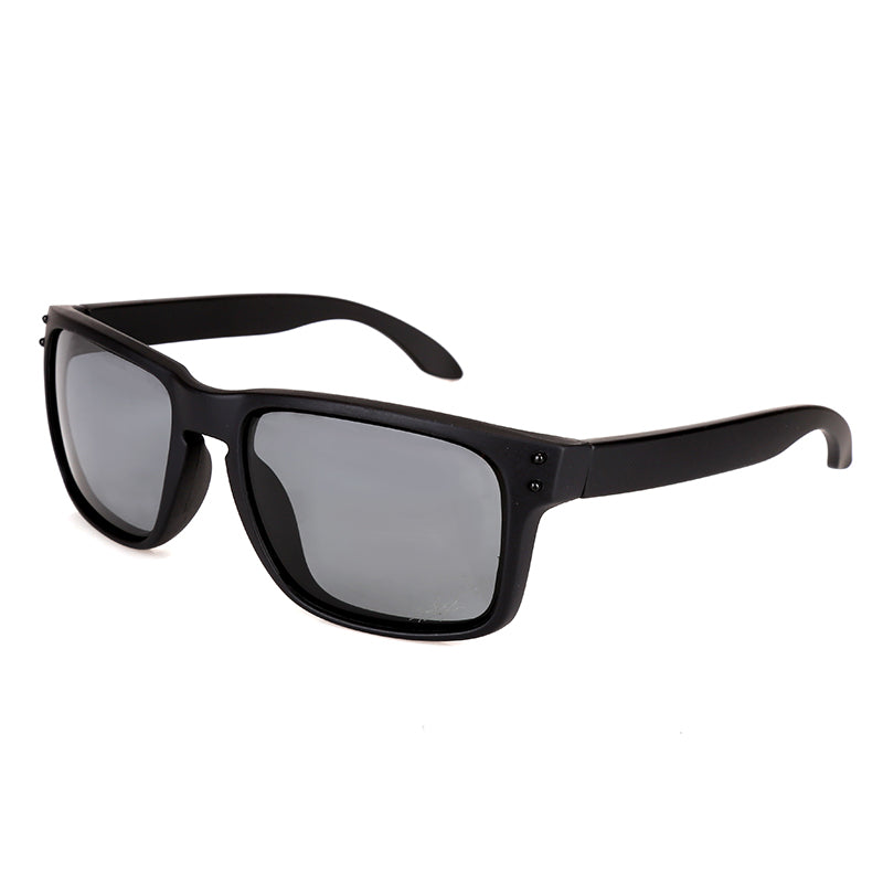 Men's polarized sports sunglasses with gray lenses and black frame, front view