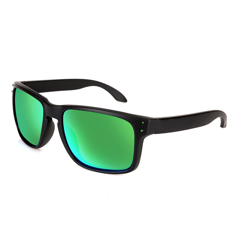 Men's polarized sports sunglasses with green mirrored lenses and black frame, wrap style