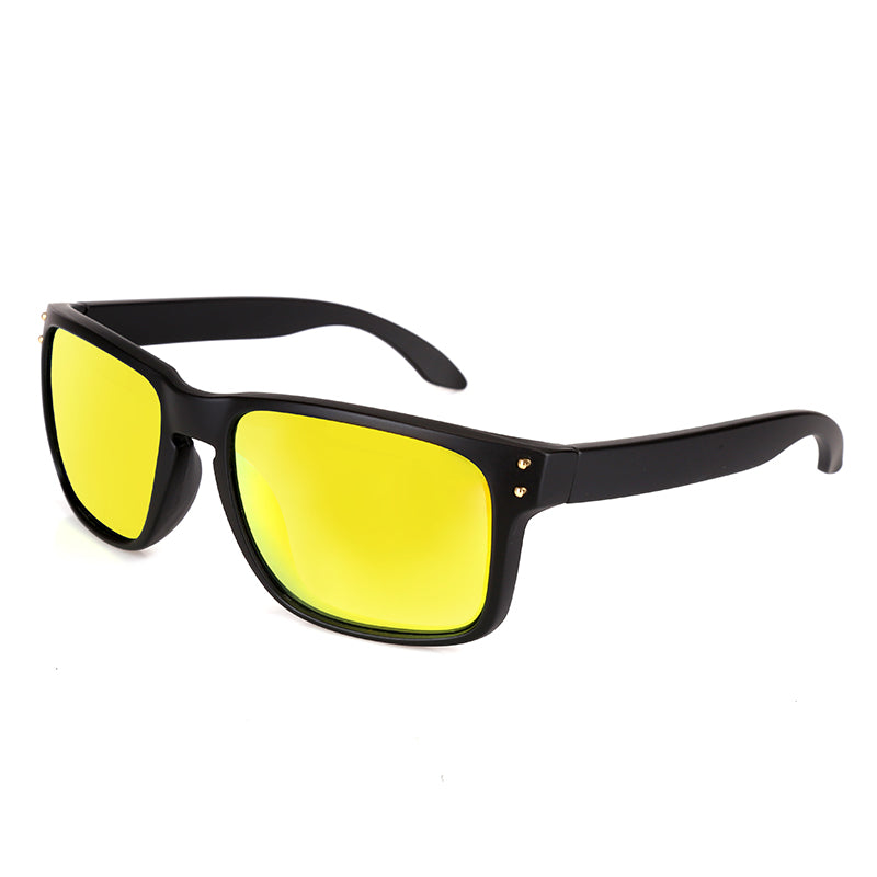 Men's sports sunglasses with black frame and yellow mirrored lenses