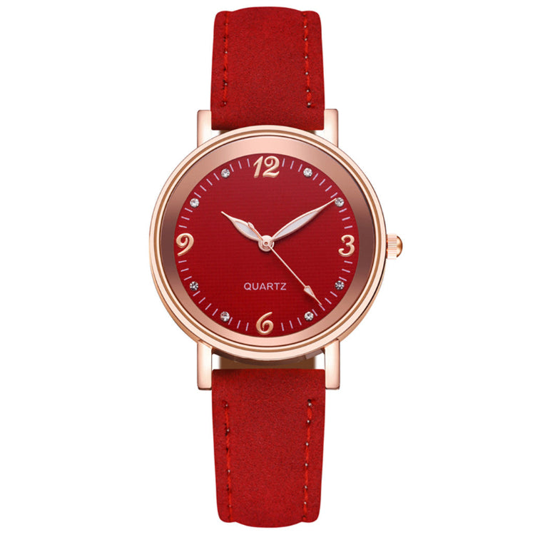 Women’s casual quartz watch, red leather-look strap, rose-gold case, red dial with markers